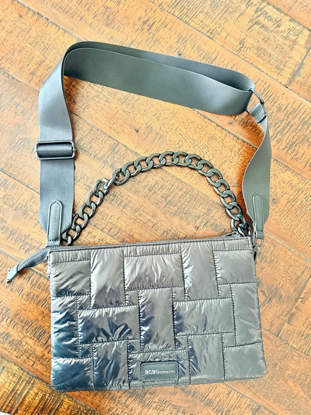 BCBGeneration Shiny Black Puffer Crossbody Bag Spellout Strap w/Chain Strap